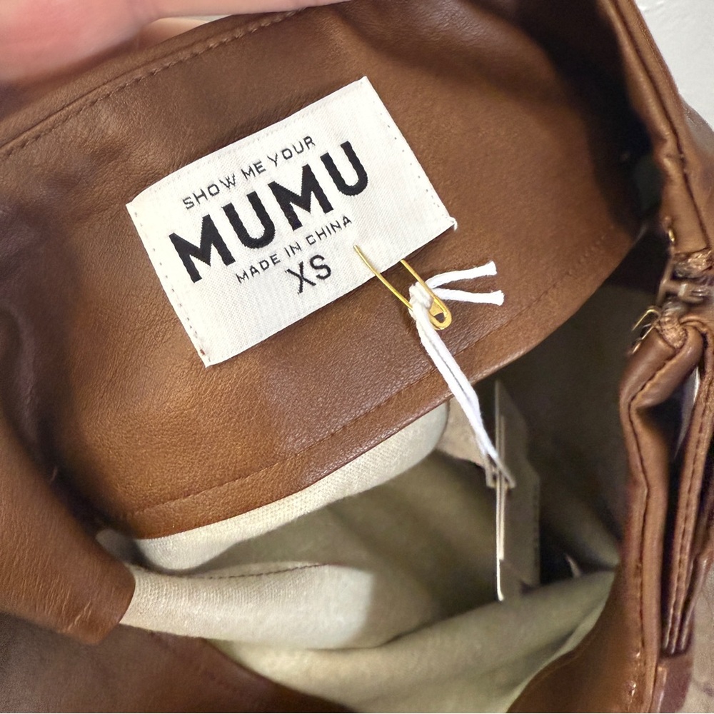 NEW Show Me Your Mumu Maverick Mini Skirt Chestnut Brown Faux Leather Belted - Picture 8 of 8